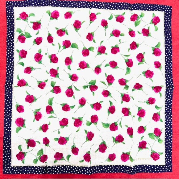 New Unused Givenchy  WOMEN Mini Scarf cotton 18"  black white dott red roses(95 - Picture 5 of 7